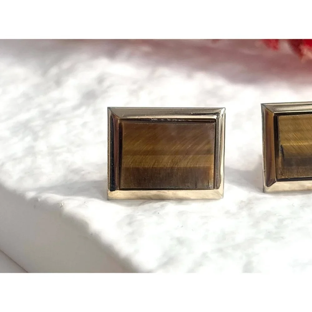 Faux Tiger's Eye Gold Toned Rectangular Vintage 80's Style Cuff Links